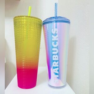 Starbucks 2022 lemon ombré grid and 2023 Iridescent Dichroic Dome 24 Oz Venti